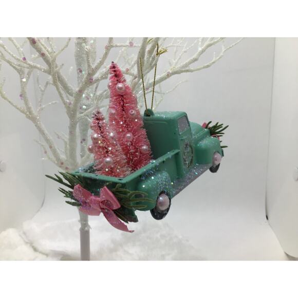 Farmhouse Truck Christmas Ornament -Green Pink Bottle Brush Trees Hand Decorated - Picture 11 of 11